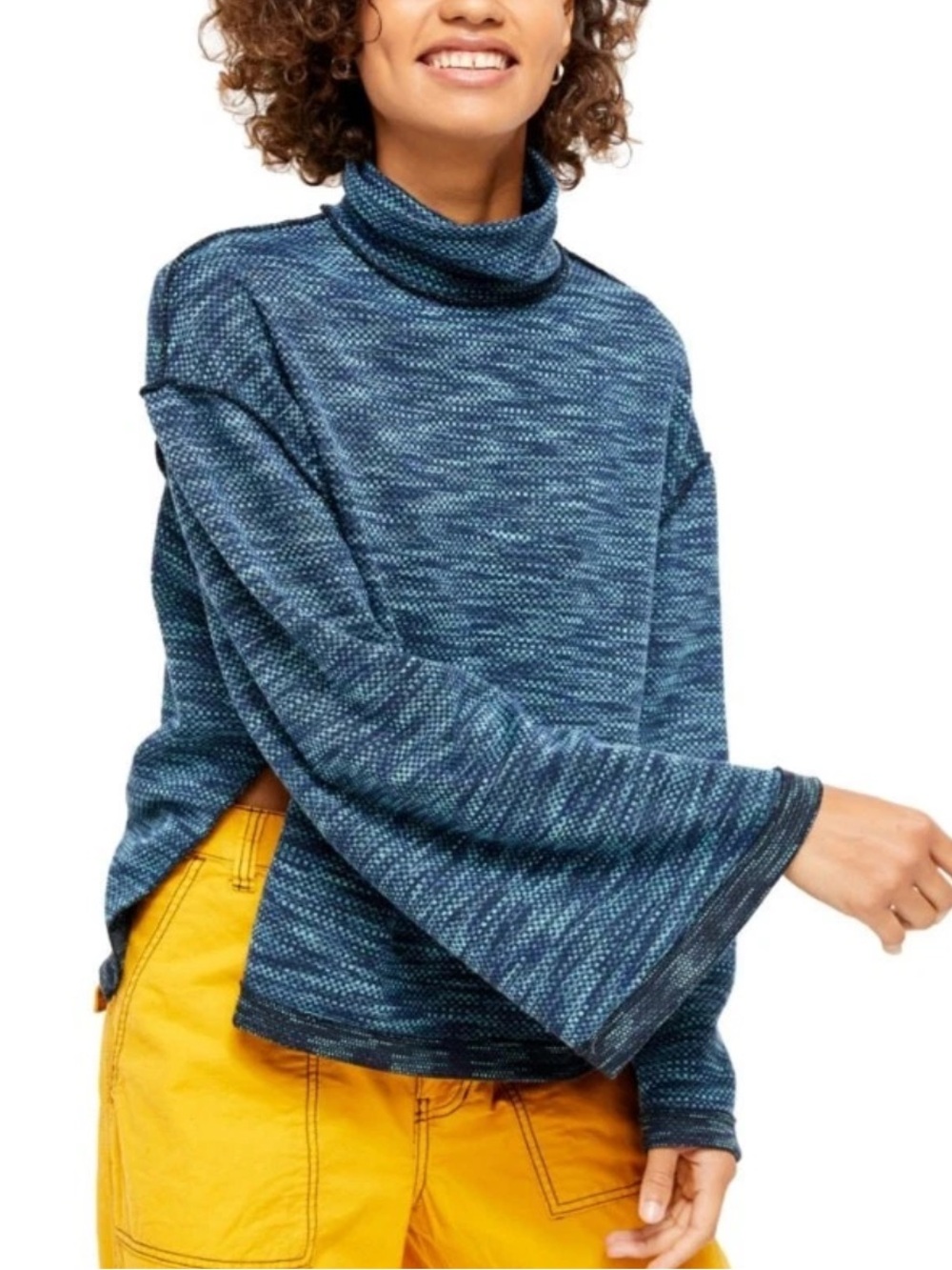 We The Free Free People Sunny Days turtleneck Blue Boxy Knit Pullover Sweater XS